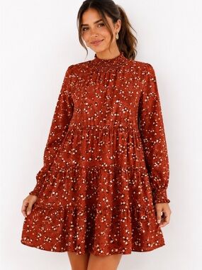 Boho Floral Tiered Mini Dress Rust Orange Size L